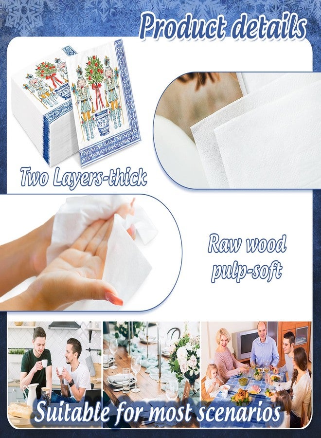 JarThenaAMCS مناديل ورقية من JarThenaAMCS، 100 قطعة، بتصميم كسارة البندق وأشجار الزينة، للاستخدام مرة واحدة، باللونين الأزرق والأبيض، بنقوش صينية، مثالية لحفلات عيد الميلاد الشتوية. - Image 3